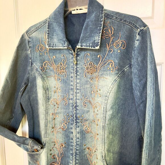 Tantrums Denim Jacket L Full Zip Pink Embroidery Studded Fitted Point Hem Blazer - Picture 2 of 9